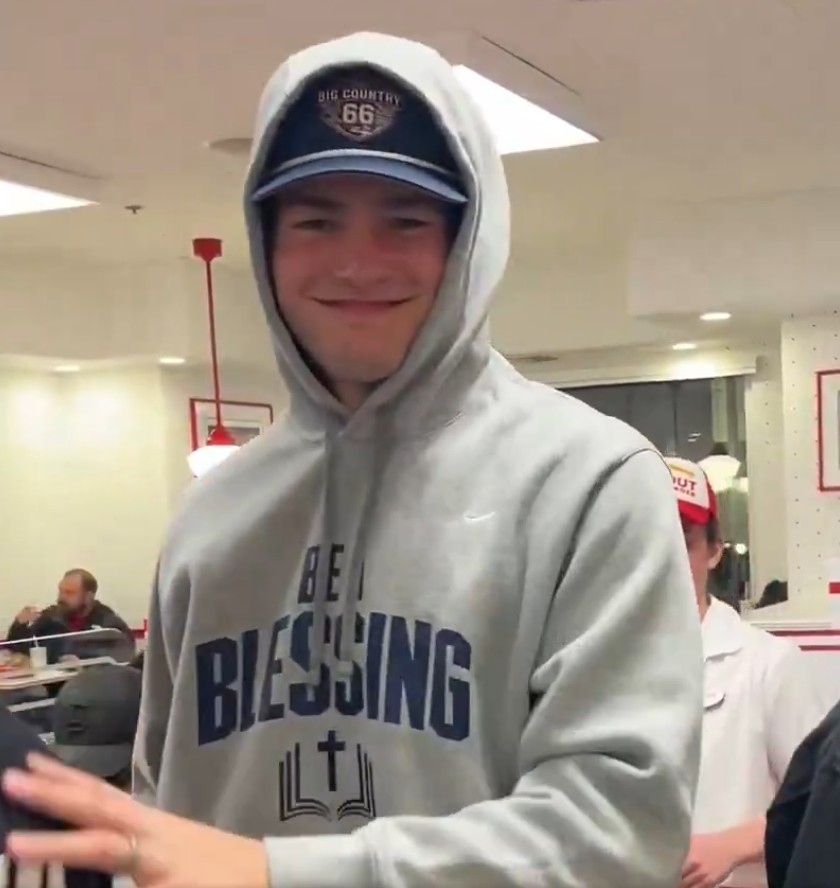 Drake Maye at in and out burger in California before the Super Bowl